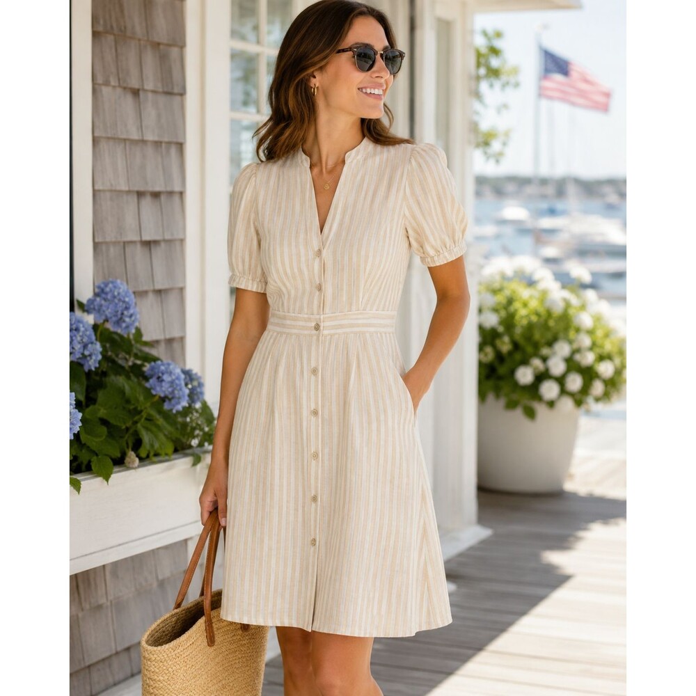 LOFT Coastal Preppy Linen Blend Dress 8 Beige Natural Stripe Puff Sleeve Pockets